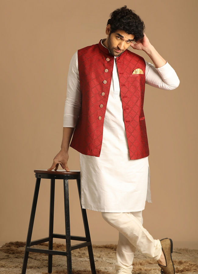 White kurta pajama on sale with maroon jacket